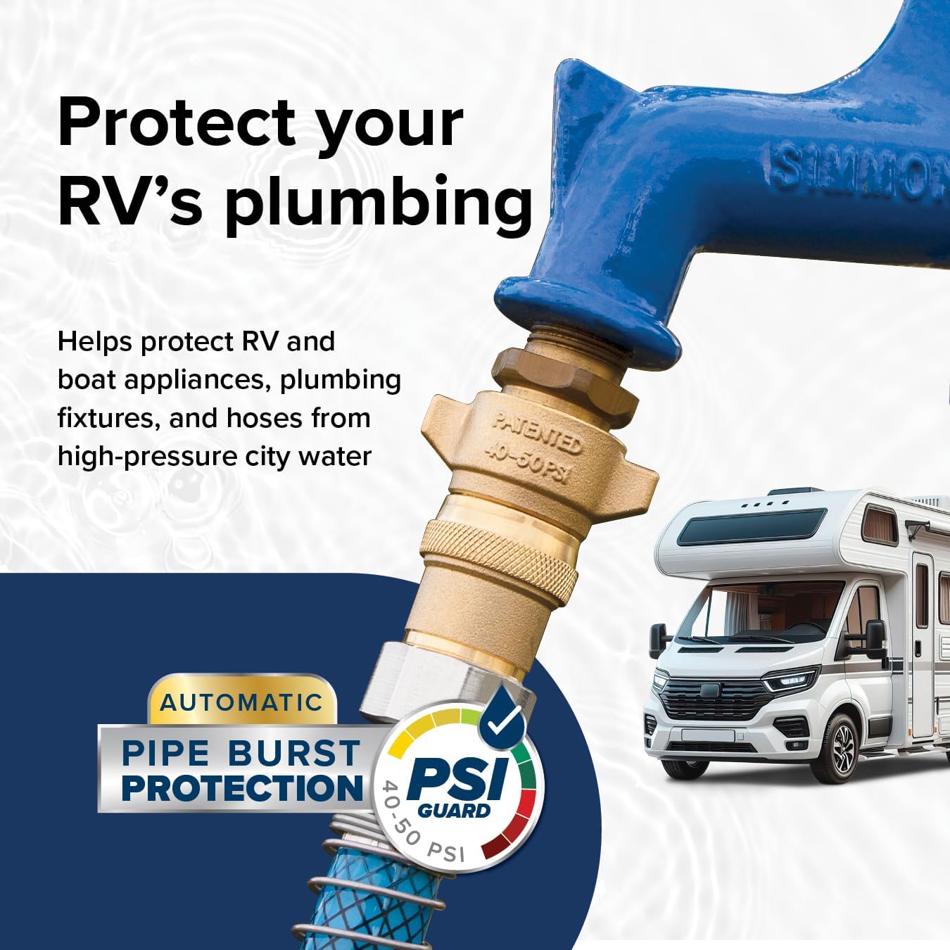 Camco Brass Camper/RV Water Pressure Regulator – Protects RV Kitchen Small Appliances, Plumbing & Hoses – Reduces RV Water Pressure to Safe & Consistent 40-50 PSI – Drinking Water Safe (40055)